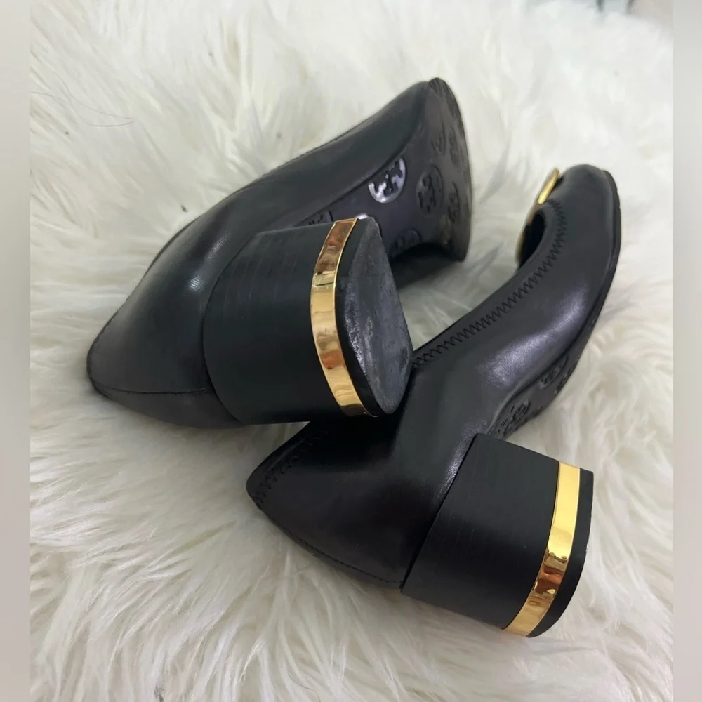 Tory Burch Black Leather Logo Ballet Flats with Gold Emblem